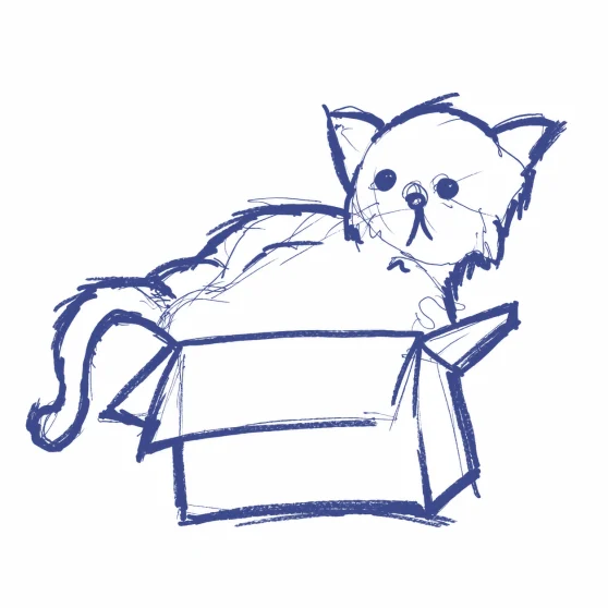 Blue crayon style drawing of a cat sitting inside a cardboard box