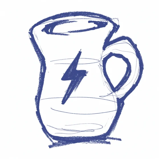 Blue crayon style drawing of a pitcher with a lightning bolt symbol