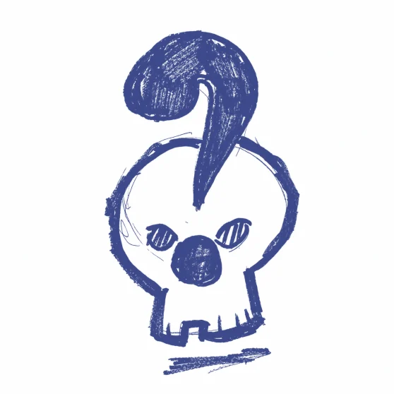Blue crayon style drawing of a cartoon skull with a question mark shape